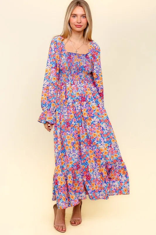Haptics Smocked Floral Square Neck Flounce Sleeve Dress.