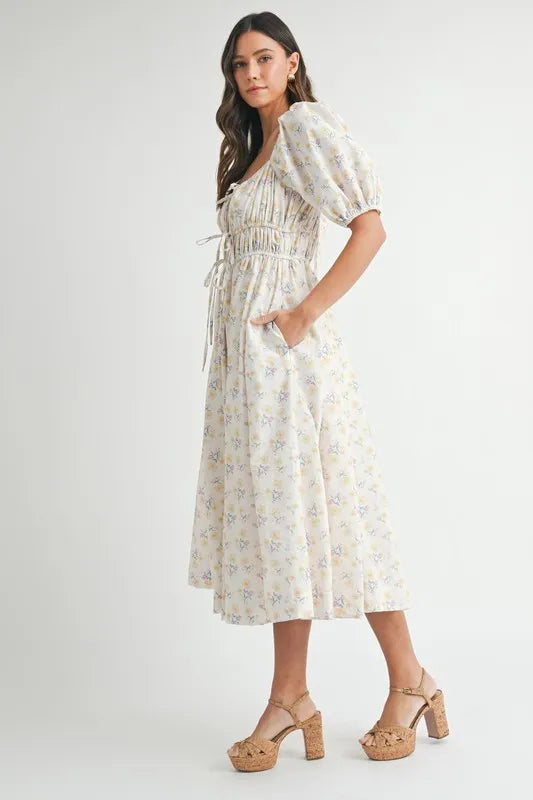 MABLE Floral Drawstring Detail Puff Sleeve Midi Dress.