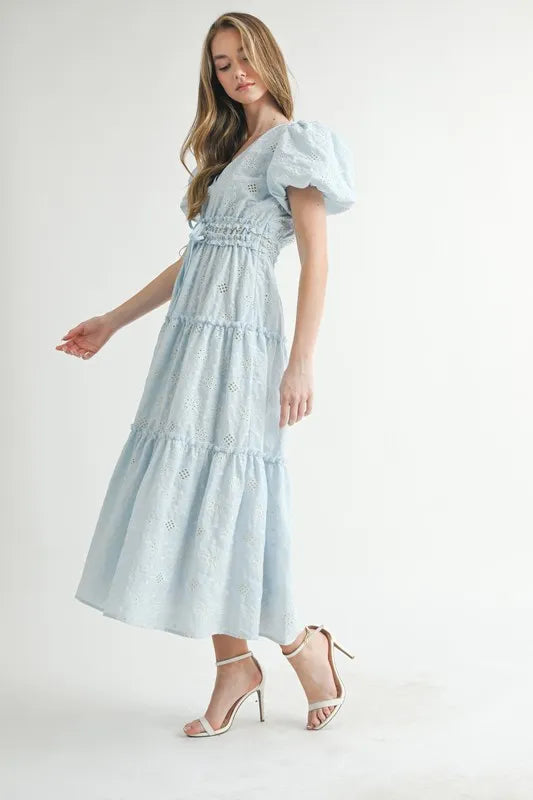 MABLE Eyelet Lace Puff Sleeve V Neck Midi Dress.