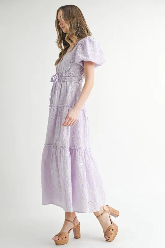 MABLE Eyelet Lace Puff Sleeve V Neck Midi Dress.