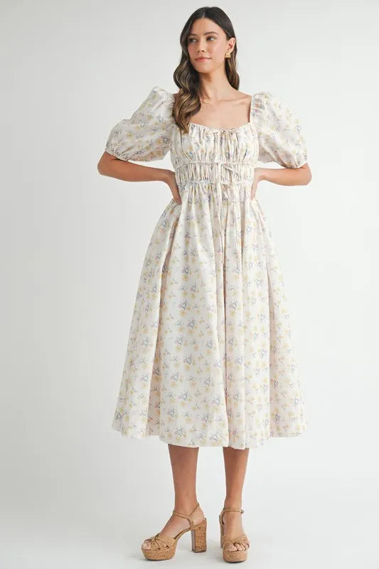 MABLE Floral Drawstring Detail Puff Sleeve Midi Dress.