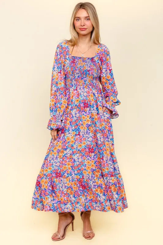 Haptics Smocked Floral Square Neck Flounce Sleeve Dress.
