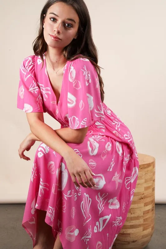 VERY J Printed V-Neck Resort Midi Dress.