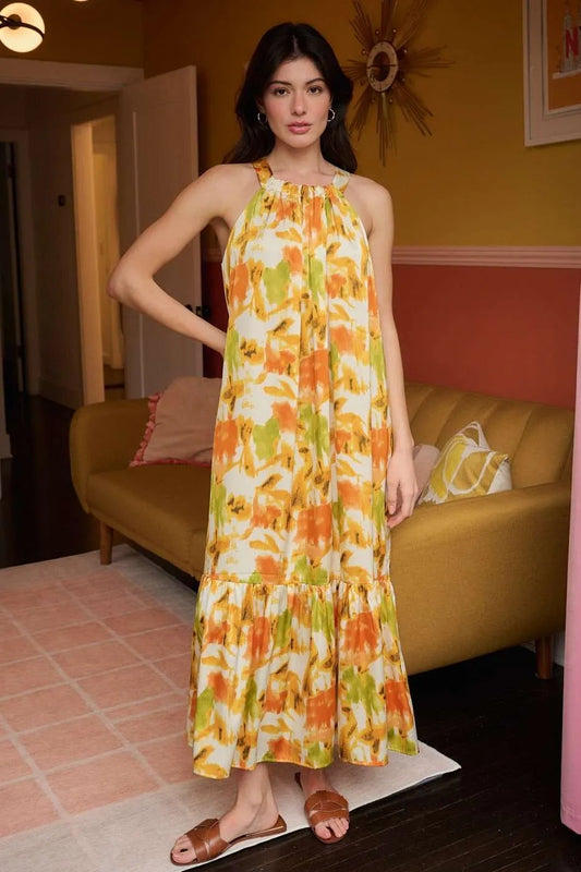 Mittoshop Watercolor Print Halter Neck Satin Maxi Dress.