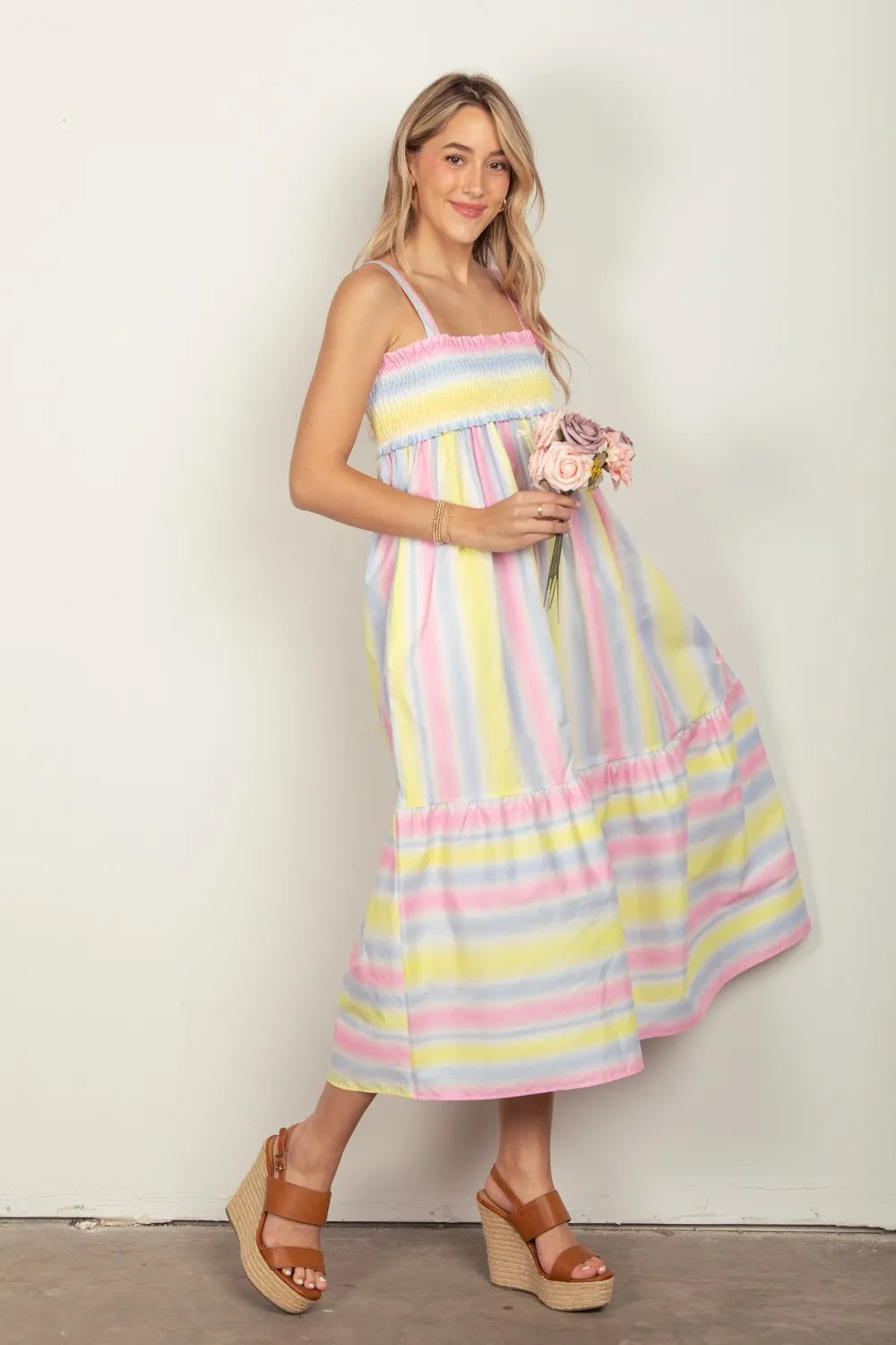 VERY J Striped Woven Smocked Midi Cami Dress.