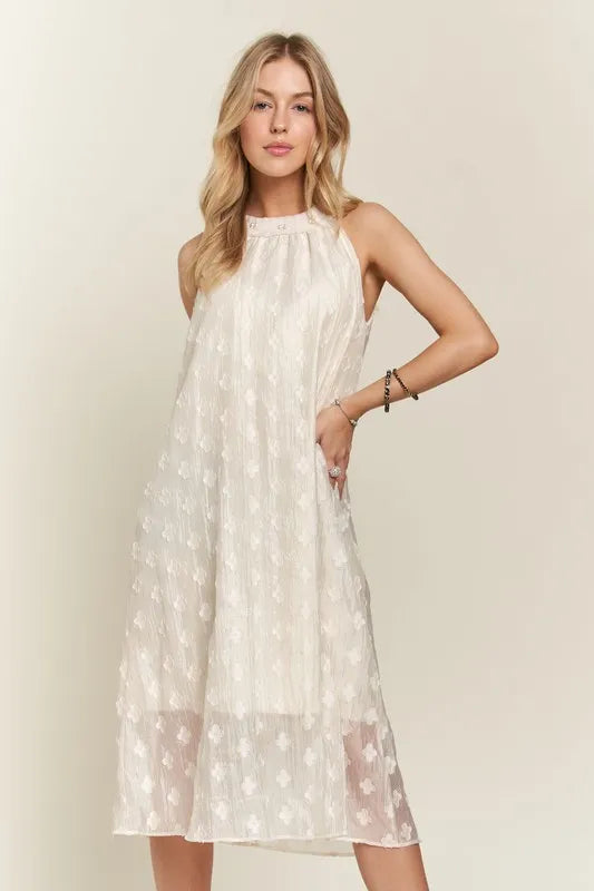 ADORA Applique Pearl Detail Grecian Neck Midi Dress.