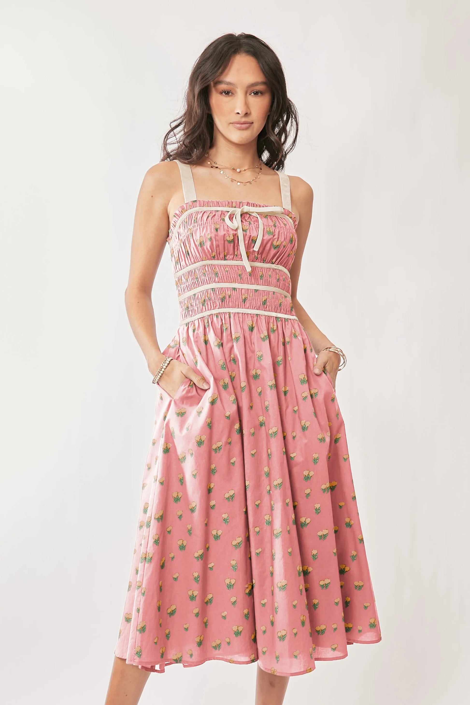 Davi & Dani Contrast Velvet Tape Smocking Bodice Midi Dress.