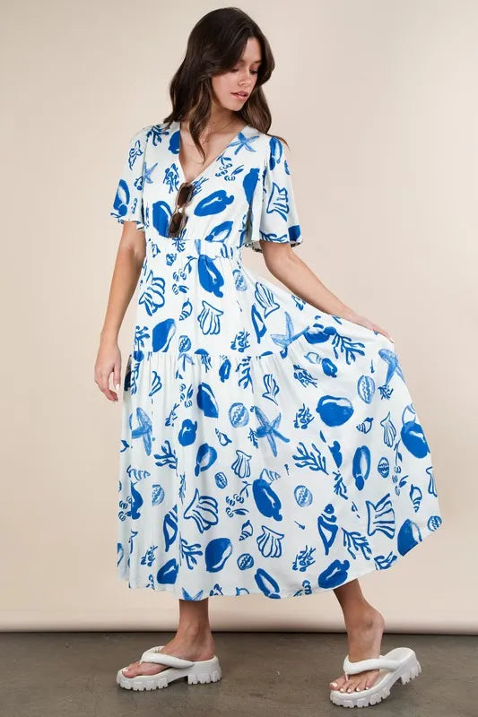 VERY J Printed V-Neck Resort Midi Dress.