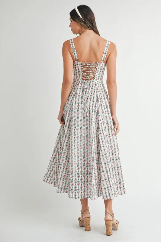 MABLE Floral Print Bustier Back Lace Up Midi Dress.