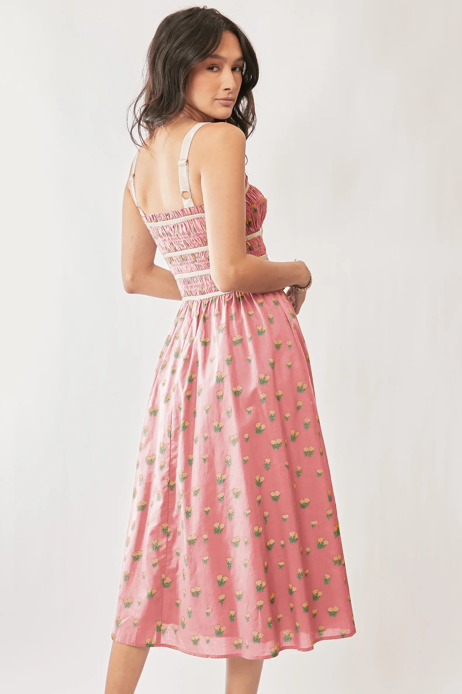 Davi & Dani Contrast Velvet Tape Smocking Bodice Midi Dress.