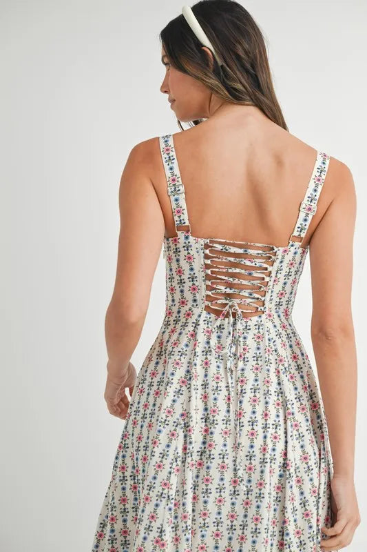 MABLE Floral Print Bustier Back Lace Up Midi Dress.