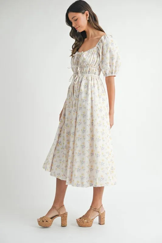 MABLE Floral Drawstring Detail Puff Sleeve Midi Dress.