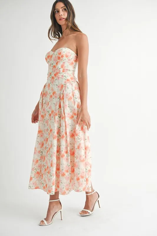MABLE Sweetheart Neckline Floral Printed Midi Dress.