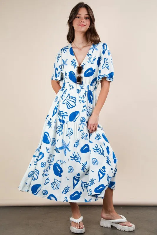 VERY J Printed V-Neck Resort Midi Dress.
