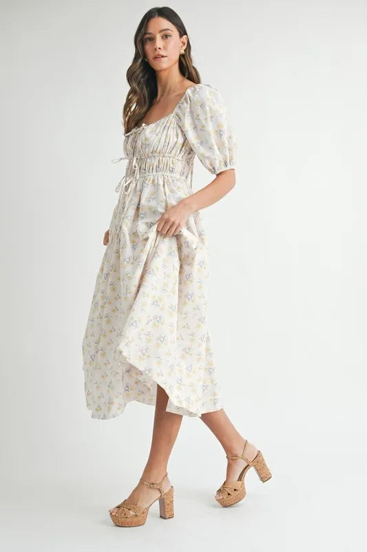 MABLE Floral Drawstring Detail Puff Sleeve Midi Dress.