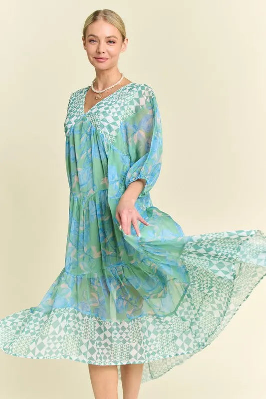 Davi & Dani Geo and Floral Print Mixed Tiered Dress.