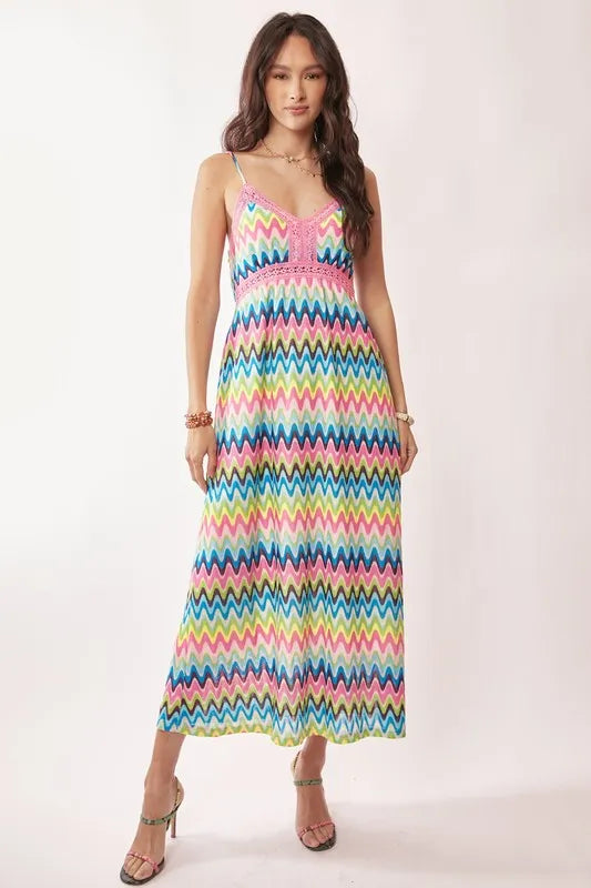 Davi & Dani Multi Color Crochet Lace Midi Dress.
