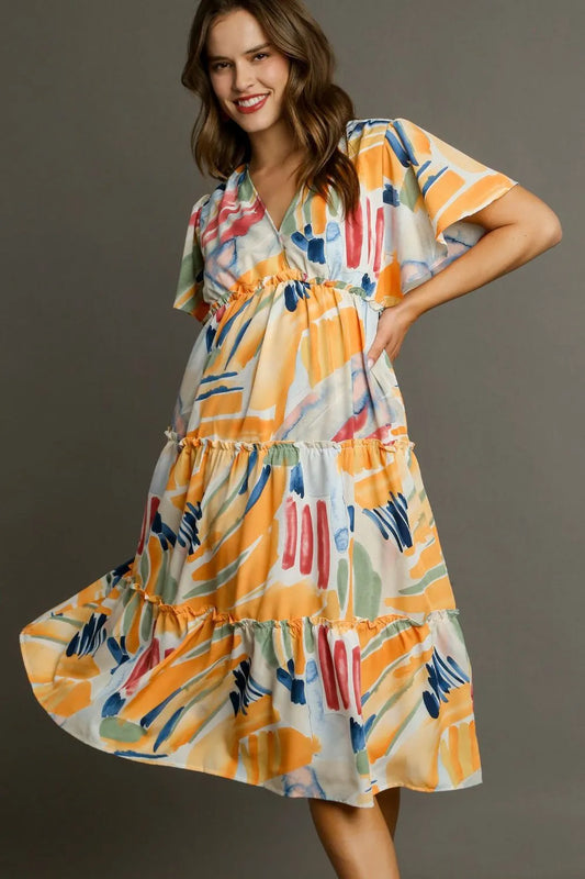 Umgee Full Size Abstract Print Flutter Sleeve Frill Tiered Midi Dress Plus Size.