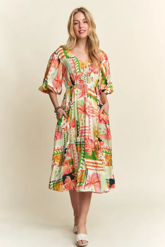 ADORA Floral V-Neck Puff Sleeve Midi Dress.