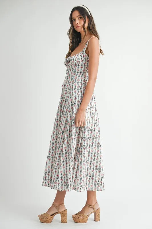 MABLE Floral Print Bustier Back Lace Up Midi Dress.