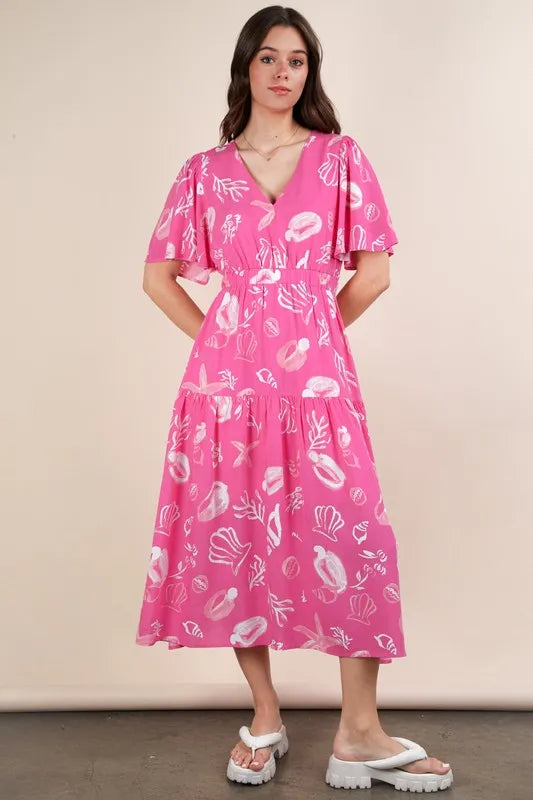 VERY J Printed V-Neck Resort Midi Dress.