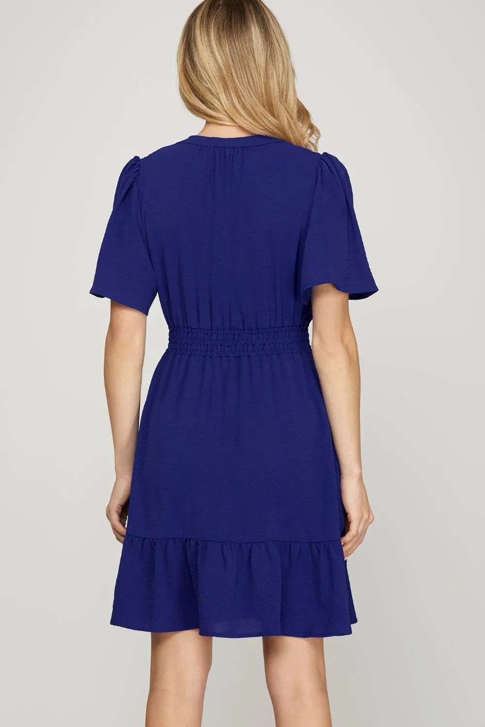 She + Sky Ruffled Hem Notched Flutter Sleeve Mini Dress.