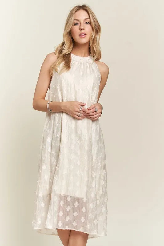 ADORA Applique Pearl Detail Grecian Neck Midi Dress.