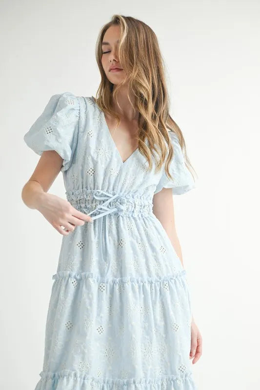 MABLE Eyelet Lace Puff Sleeve V Neck Midi Dress.