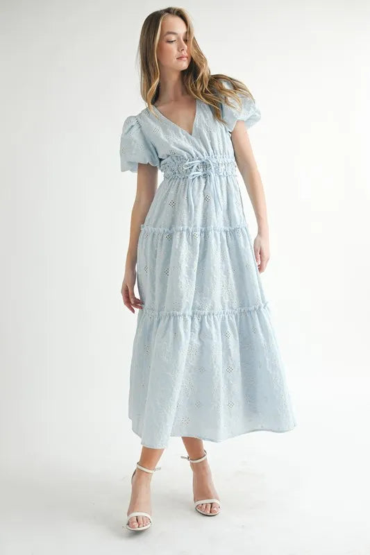 MABLE Eyelet Lace Puff Sleeve V Neck Midi Dress.