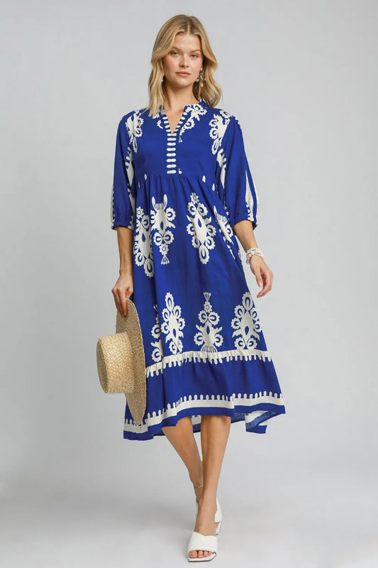 Umgee Printed Notched Midi Dress.
