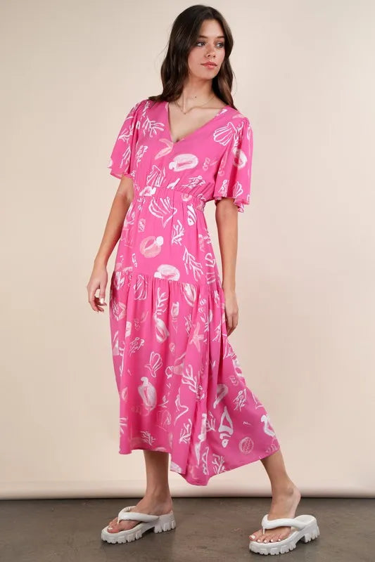 VERY J Printed V-Neck Resort Midi Dress.