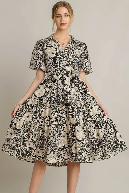 Umgee Full Size Mixed Print A-Line Tiered Midi Dress Plus Size.