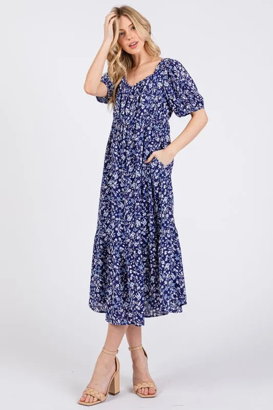 Ces Femme Floral Square Neck Puff Sleeve Midi Dress.