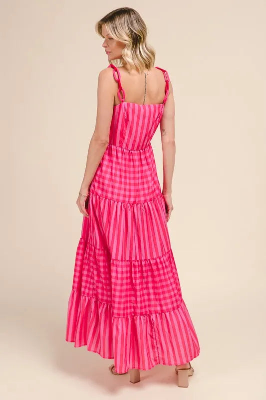 SO ME Stripe Tiered Maxi Dress with Colorful Chain Strap.