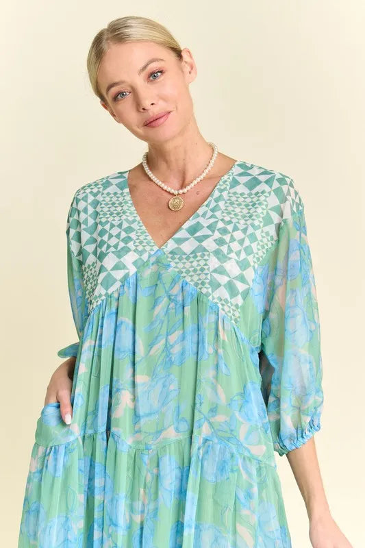 Davi & Dani Geo and Floral Print Mixed Tiered Dress.