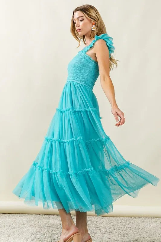 BiBi Frill Mesh Tiered Midi Dress.
