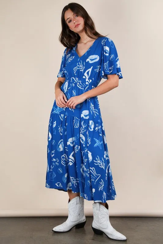 VERY J Printed V-Neck Resort Midi Dress.