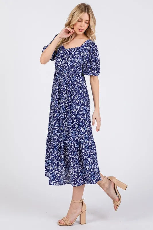 Ces Femme Floral Square Neck Puff Sleeve Midi Dress.