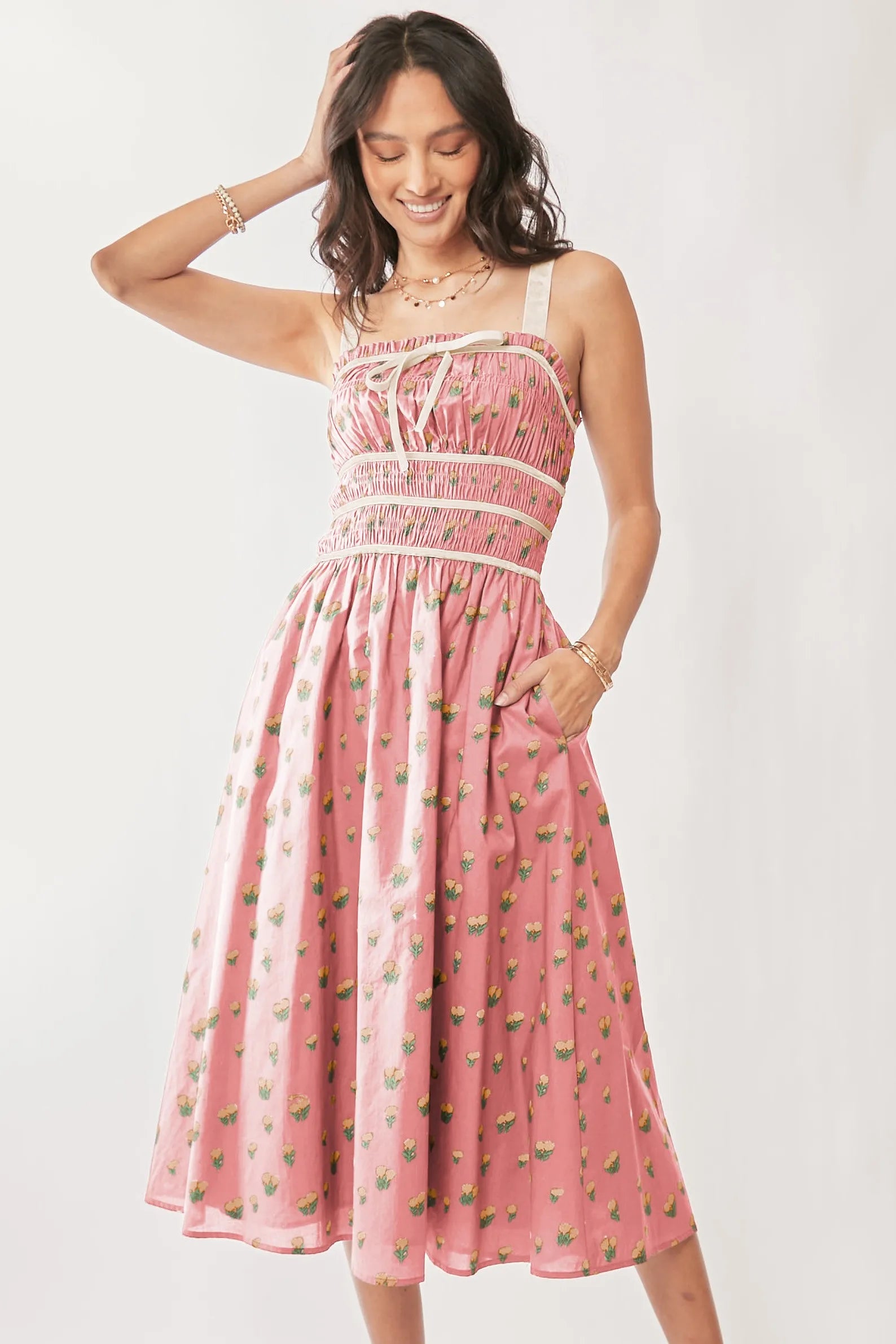 Davi & Dani Contrast Velvet Tape Smocking Bodice Midi Dress.