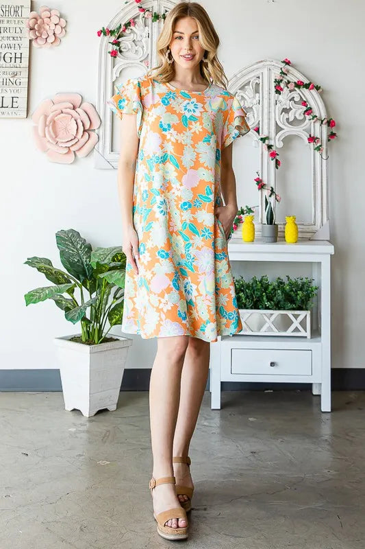Heimish Full Size Ruffled Short Sleeve Floral Mini Dress Plus Size.