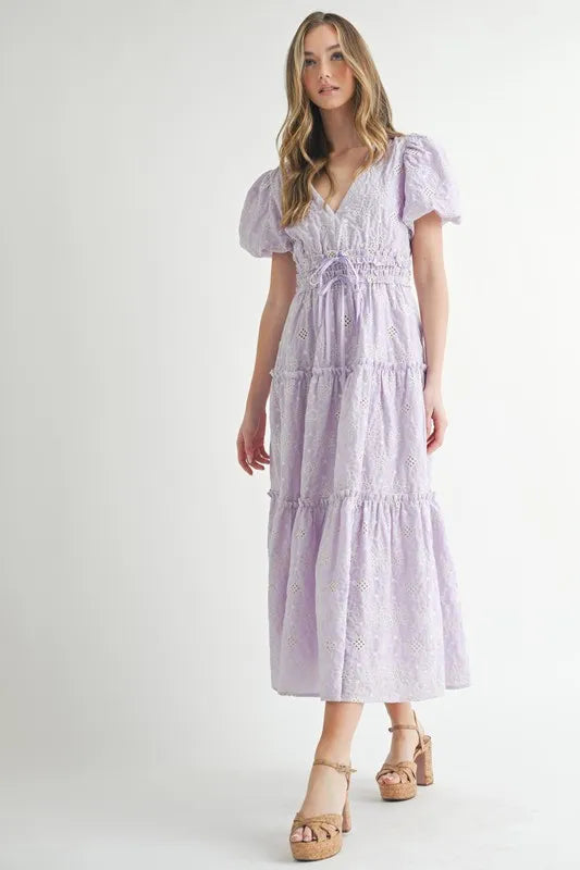 MABLE Eyelet Lace Puff Sleeve V Neck Midi Dress.