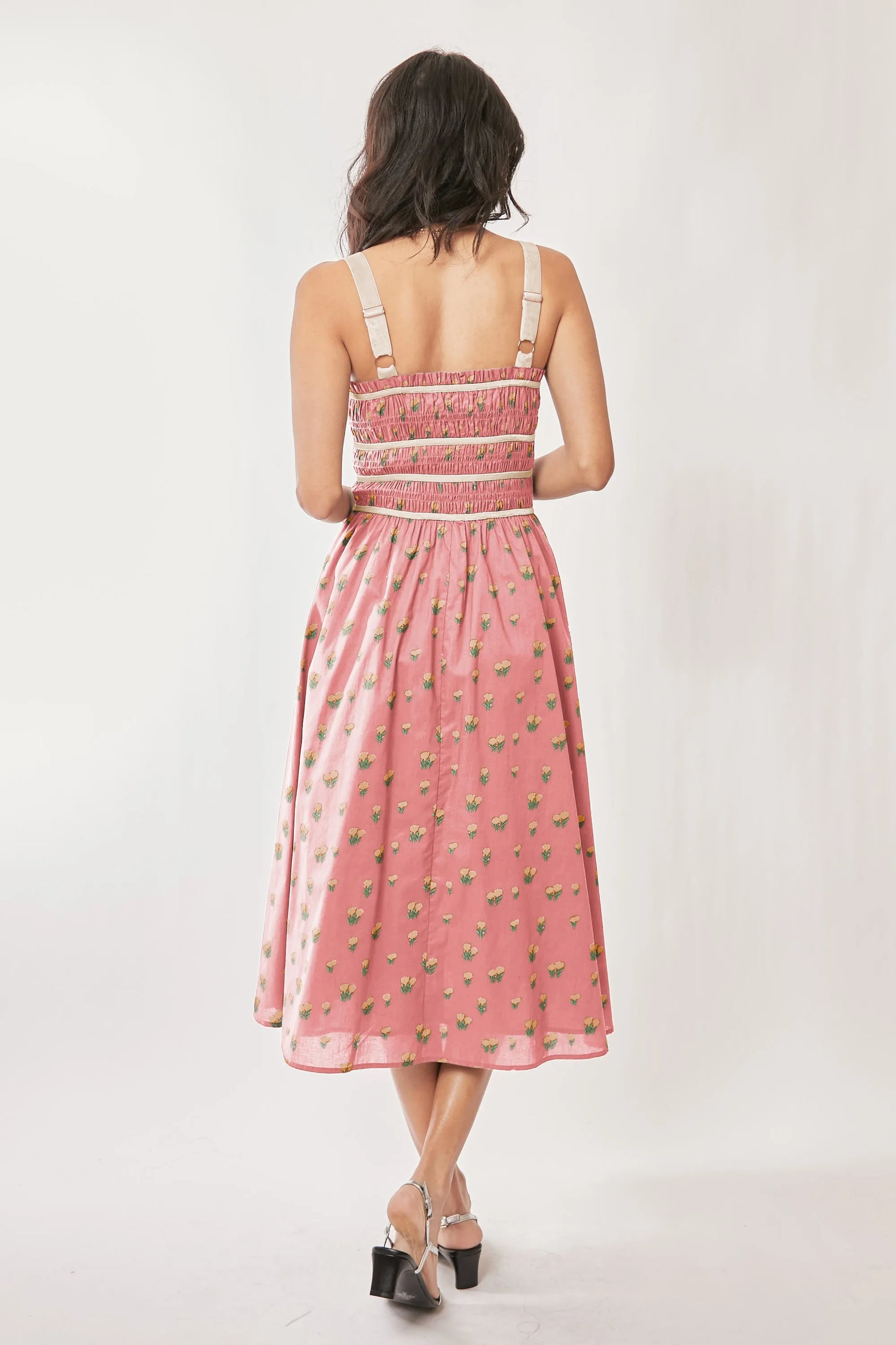 Davi & Dani Contrast Velvet Tape Smocking Bodice Midi Dress.