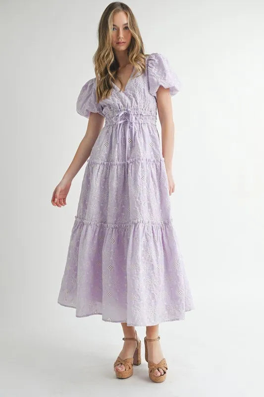 MABLE Eyelet Lace Puff Sleeve V Neck Midi Dress.