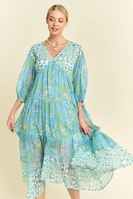 Davi & Dani Geo and Floral Print Mixed Tiered Dress.