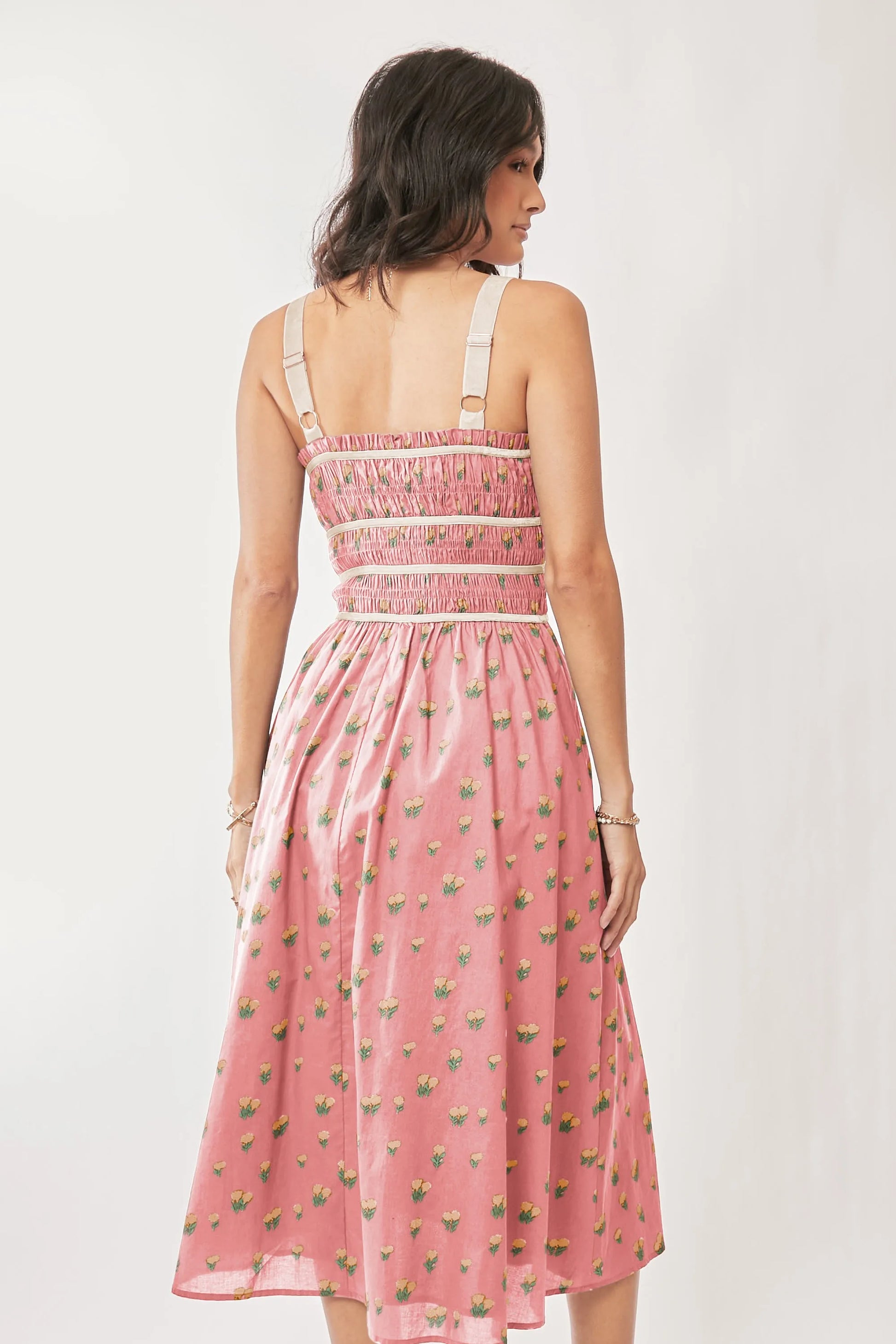 Davi & Dani Contrast Velvet Tape Smocking Bodice Midi Dress.