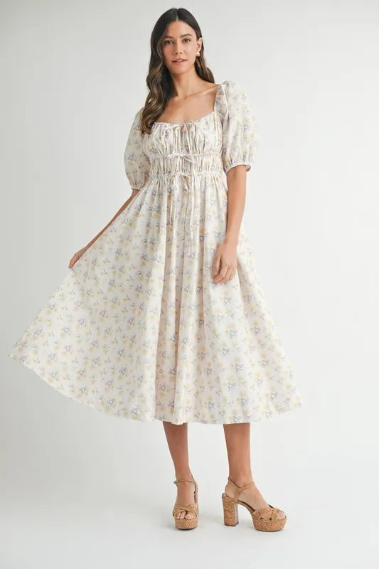 MABLE Floral Drawstring Detail Puff Sleeve Midi Dress.
