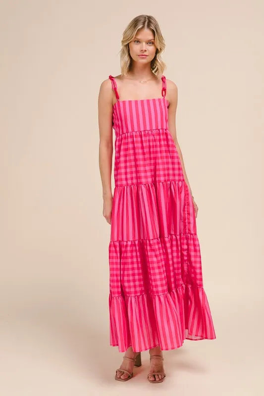 SO ME Stripe Tiered Maxi Dress with Colorful Chain Strap.