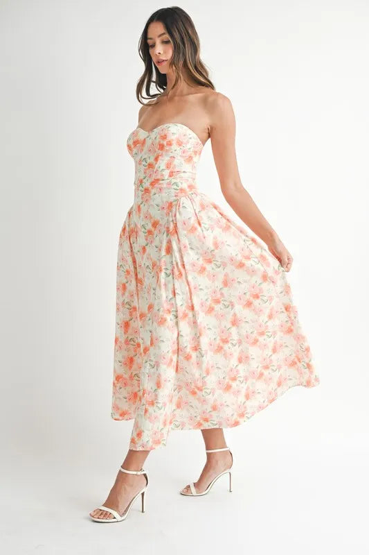 MABLE Sweetheart Neckline Floral Printed Midi Dress.