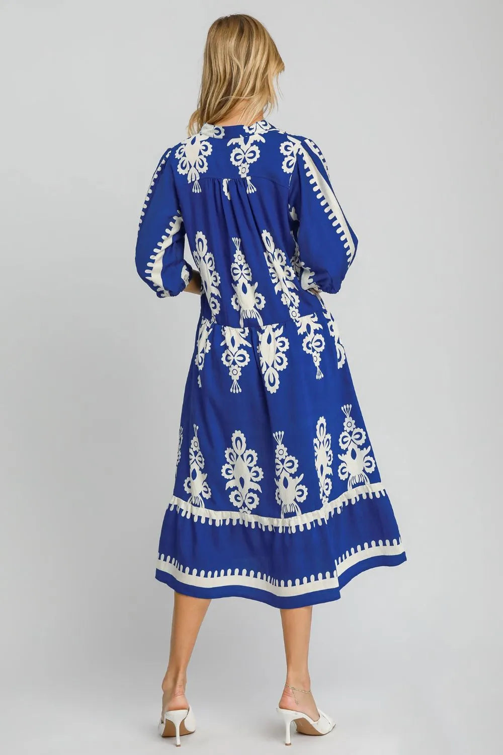 Umgee Printed Notched Midi Dress.