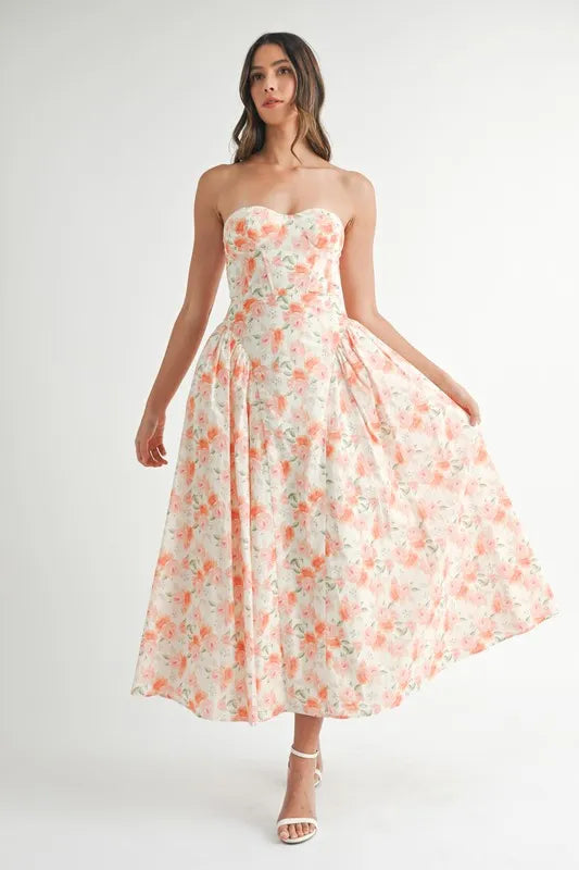 MABLE Sweetheart Neckline Floral Printed Midi Dress.